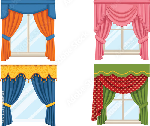 Collection of four decorative window curtain sets with various styles