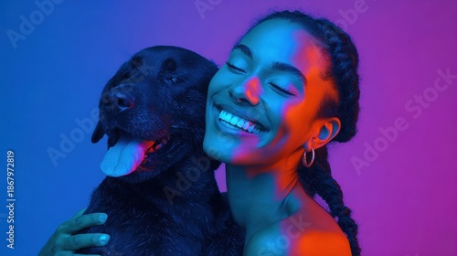 Joyful Woman Embracing Black Dog with Colorful Neon Background