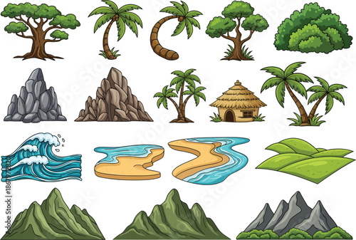 Collection of tropical island and landscape elements