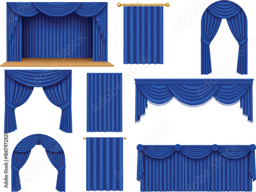 Collection of blue stage and window curtains with different designs