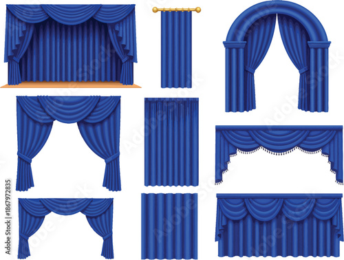 Collection of blue theater curtains in various styles