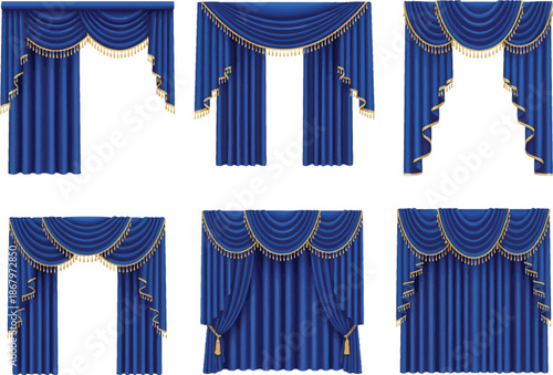 Elegant royal blue draped curtains with gold trim and tassels