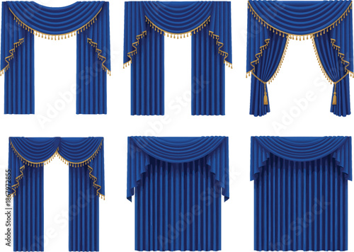 Collection of elegant blue stage curtains with gold trim