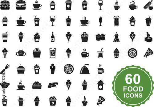 Collection of 60 distinct food and drink icons in black silhouette