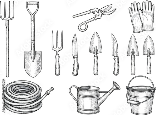 A collection of hand-drawn gardening tools and supplies