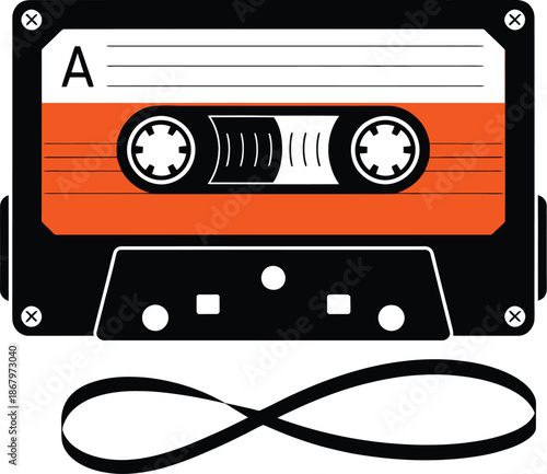 Black and orange cassette tape with white label and infinite tape loop