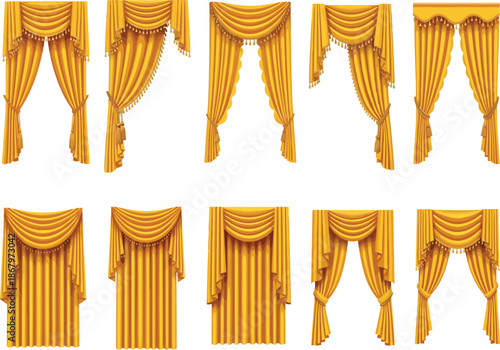 Collection of golden draped curtains with decorative trim