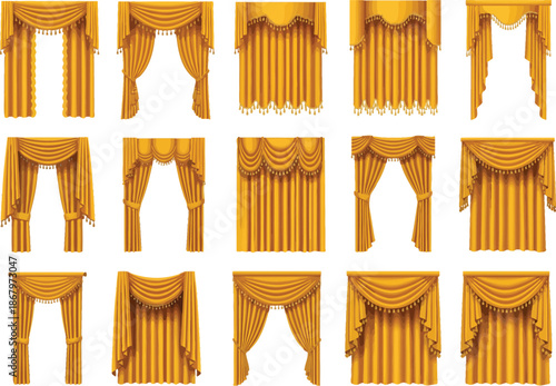 Collection of luxurious golden drapes and curtains
