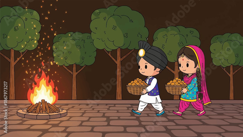 Indian kids celebrating festival. Traditional boy and girl in ethnic wear carrying firewood. Burning fire pit. Trees in background. Vector illustration.