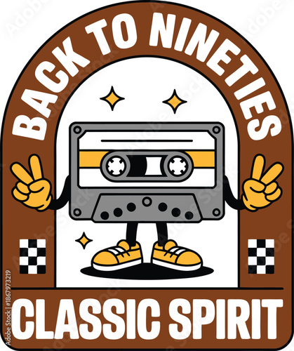 Cassette Tape Character with Peace Signs and Sneakers in a Brown Arch