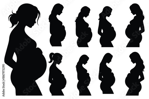 Eight Pregnant Women Silhouettes in Various Poses black