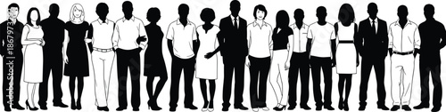 Seventeen people silhouette vector, diverse group standing in line, business and casual attire, team lineup illustration, community diversity concept, black and white minimal art