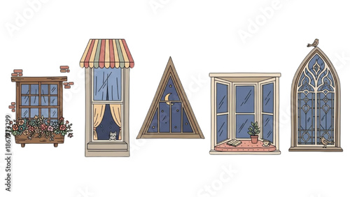 An artistic array of windows featuring diverse styles, from a cozy flower box to an intricate gothic arch, perfect for design and decor themes