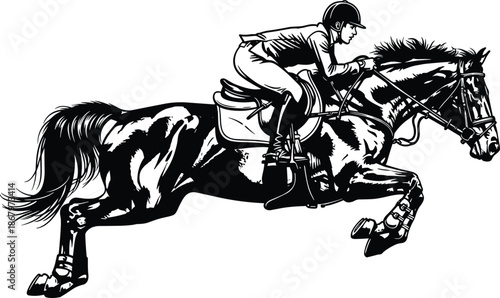 Show jumping horse and rider vector silhouette illustration, mid-air over obstacle, representing equestrian sport, competitive eventing, or sophisticated black and white design element.