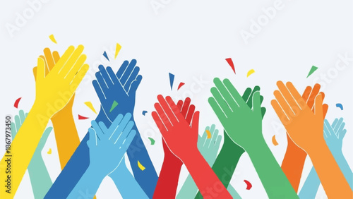 Diverse hands clapping together celebrating success with confetti.
