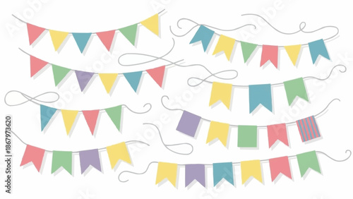 Colorful Party Bunting Flags on White Background.