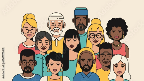 Diverse group of people standing together illustration.