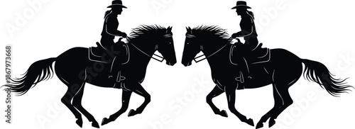 Silhouette illustration of two cowgirls riding horses facing each other, western cowboy style equestrian scene, rodeo concept, country horse riding art, vector graphic.