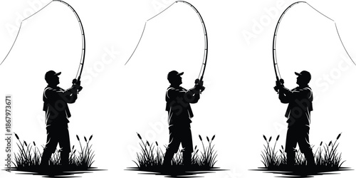 Silhouette fisherman casting line, outdoor nature scene, fishing rod tension, grassy lakeside, peaceful recreation, vector illustration for sport and hobby themes