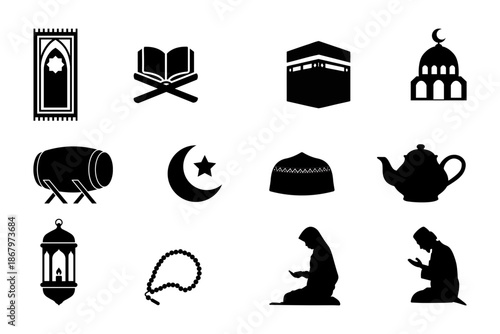 Ramadan Kareem icon set on transparent background. Symbol of Ramadan Kareem. Islamic silhouette editable vector stock	
