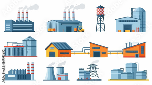 Collection of industrial factory buildings and structures.