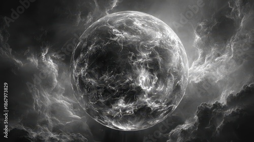 Abstract Black and White Planet Surrounded by Ethereal Clouds