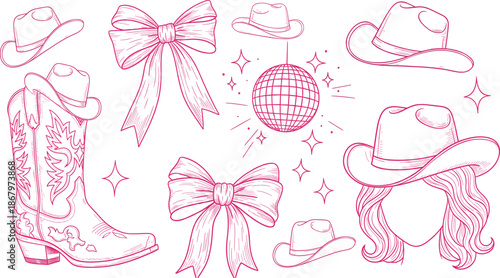Cowgirl Party Hand Drawn Illustration Set with Cowboy Hats, Boots and Western Disco Elements Vector.