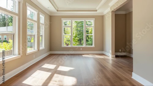 Bright living room interior in american suburban single family home, empty residential space with hardwood floor, large windows and natural light, real estate video