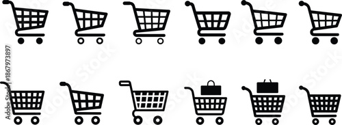 Shopping Cart Icons With Different Contents On White Background Keywords: shopping, cart, trolley, basket, store, retail