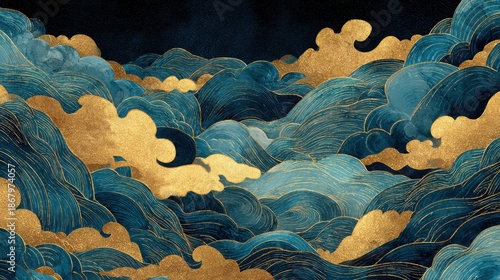Rich Textured Waves of Blue and Gold Illustrating Dreamy Skyscape
