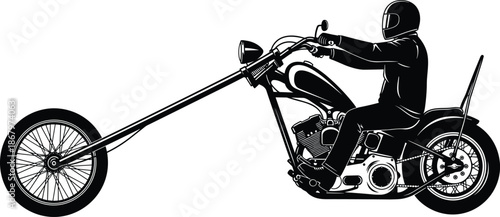 Silhouette of biker riding custom chopper motorcycle, vintage motorbike design, black and white vector illustration, helmet rider, road adventure concept