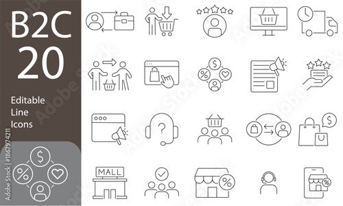 B2C Editable Line Icons Set. Business to consumer, e-commerce, customer service, retail, digital marketing, direct sales, Vector illustration