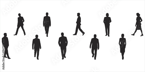 Silhouettes of Business People Walking and Standing on White Background Keywords: business, people, silhouette, men, women