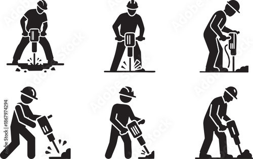 Construction workers using jackhammers and drills in various poses black silhouette icons