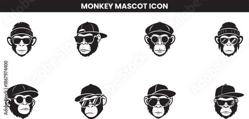 Collection of stylized monkey head icons wearing various hats and sunglasses