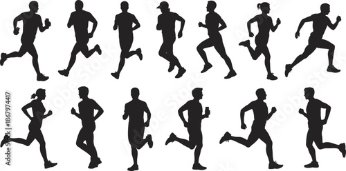 Silhouettes of Men and Women Running in Different Poses on White Background woman athlete