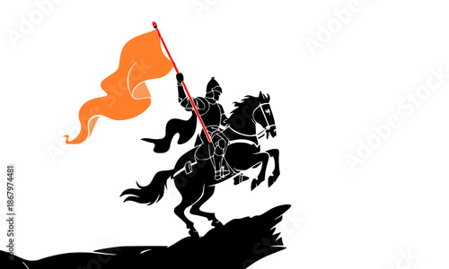 Chhatrapati Shivaji Maharaj Vector Illustration, Maratha Warrior King on Horseback with Saffron Flag, Indian Historical Hero Silhouette, Shivaji Jayanti Design Element, Brave Knight on Horse Icon