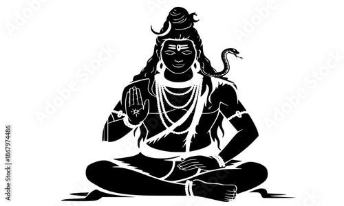 Lord Shiva Vector Illustration, Hindu God Mahadev in Meditation Pose, Spiritual Yoga Art with Snake and Crescent Moon, Religious Silhouette Icon for Maha Shivaratri, Indian Culture Design Element
