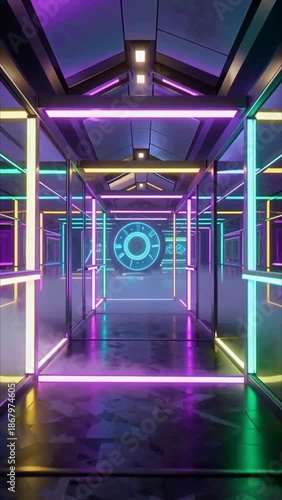 Futuristic Neon Corridor with Glowing Geometric Shapes and Smoke hallway lights