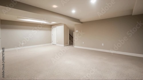 Spacious basement interior in american suburban single family home, finished empty room with neutral walls and recessed lighting, residential real estate video