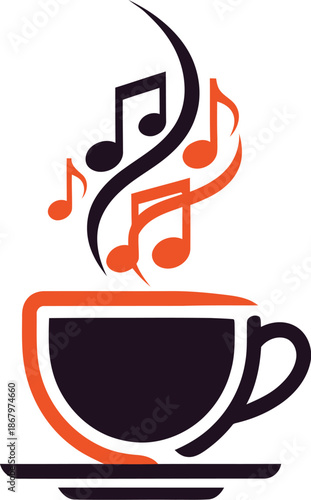 Minimalist 2D logo of a cup with steam forming abstract musical notes flat two-color clean design