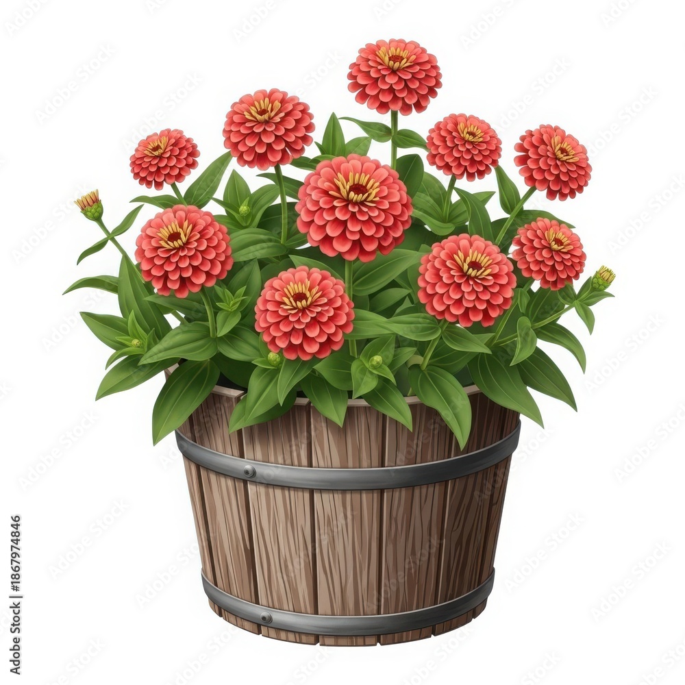 Obraz premium Vibrant zinnias in rustic wooden bucket