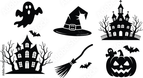 Spooky Halloween Icons Silhouette Set with Ghost, Witch Hat, Haunted House, Broom, Pumpkin vector illustration