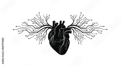Futuristic anatomical heart with glowing digital circuits symbolizing technology and life