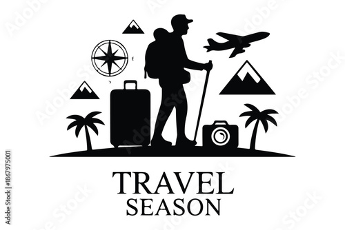 Silhouette of traveler with backpack and suitcase surrounded by travel