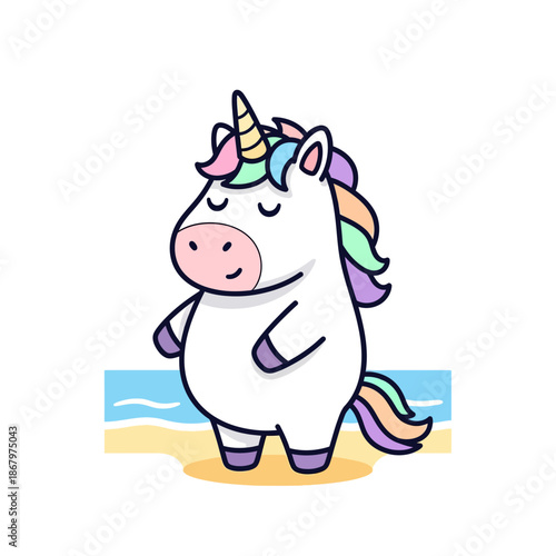 Cute cartoon unicorn standing on a beach.