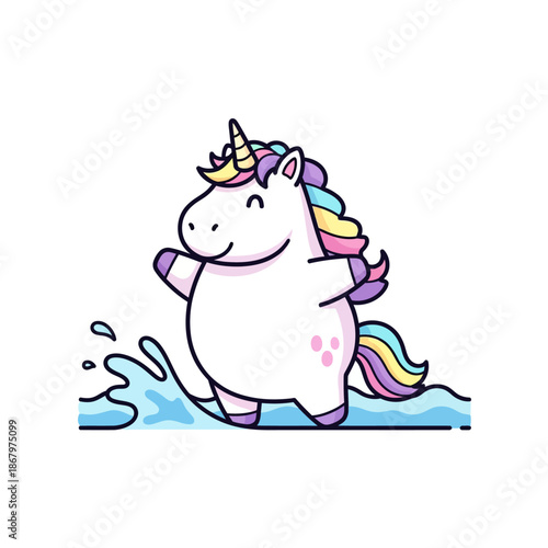 Cute Chubby Unicorn Character Splashing in Water.