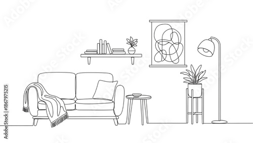 Cozy Living Room Scene with Sofa, Bookshelf, Plant, and Lamp