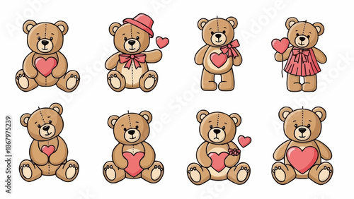 Collection of Adorable Teddy Bears Holding Hearts.