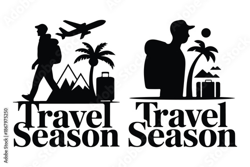 Black and white travel season with silhouettes and luggage